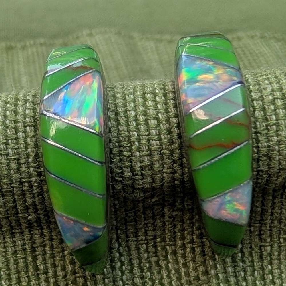 Vintage Sterling Artisan Navajo Green Gaspeite And  Blue Opal Earrings